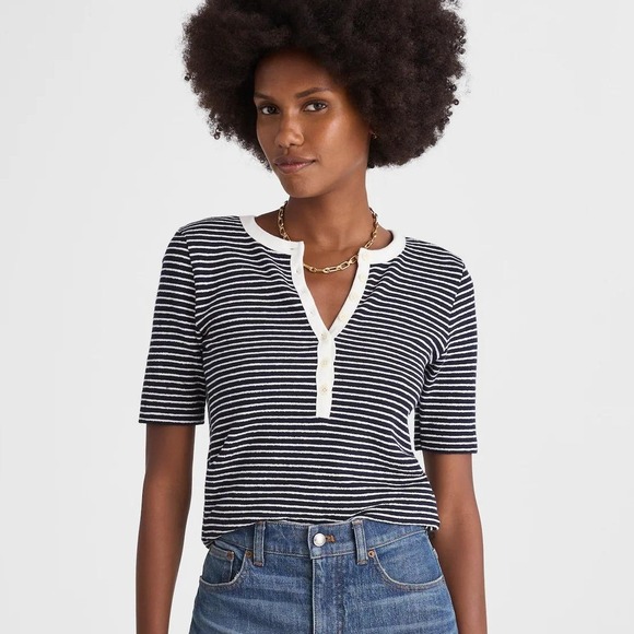 Madewell Tops - Madewell Striped Elbow Sleeve Henley Tee Shirt Top Womens Medium Navy Cotton